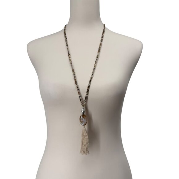 J. Jill Multi-Beaded Strand Necklace Long Agate Pendant Tassel Statement Metal - Picture 8 of 12